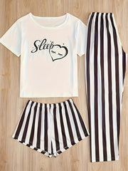  Casual Loungewear Set Women's Plus Graphic Tee & Stripe