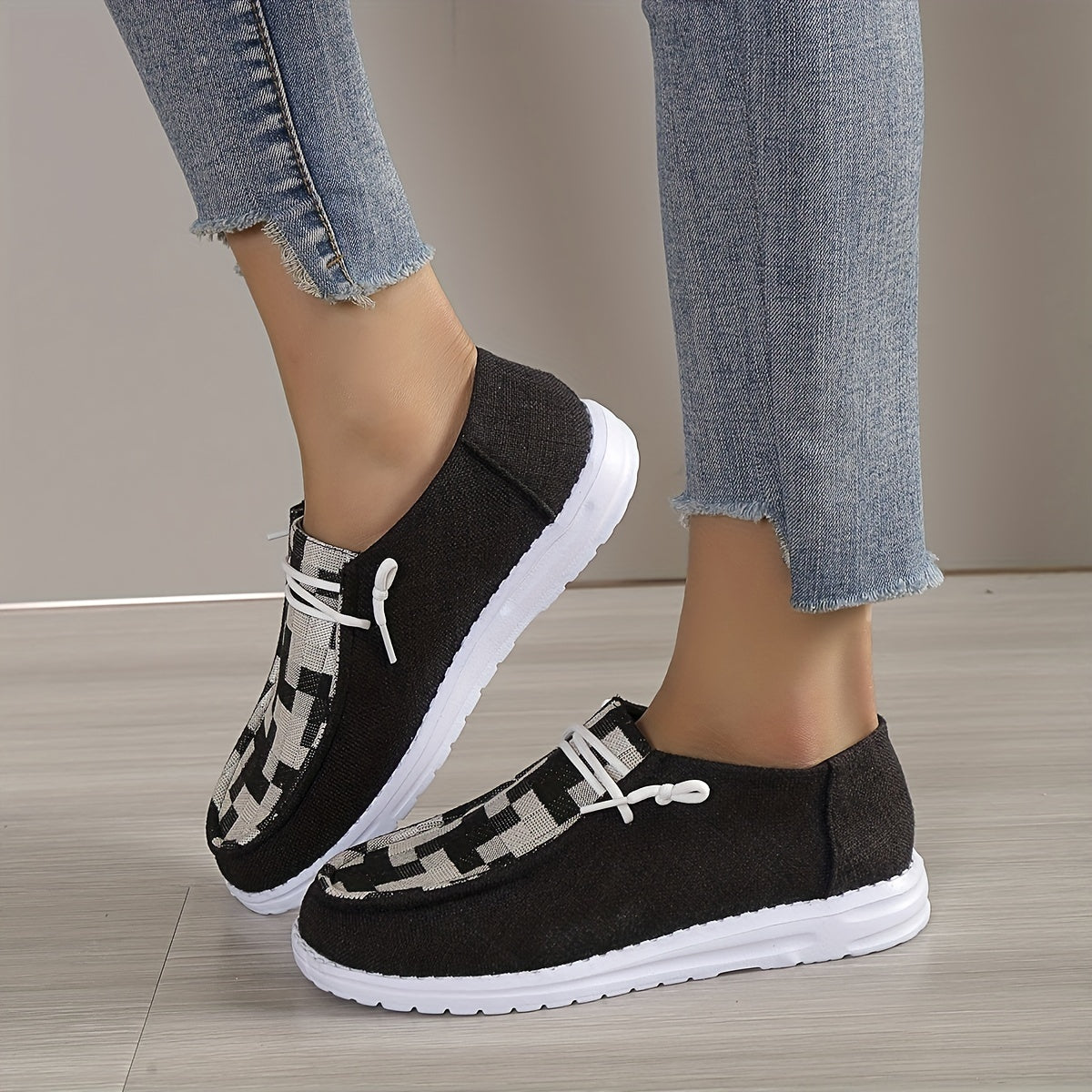 Women's Checkered Flat Loafers Lace Up Walking Shoes