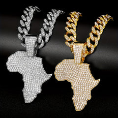 Men's Zircon Inlaid Map Pendant with Cuban Chain Necklace
