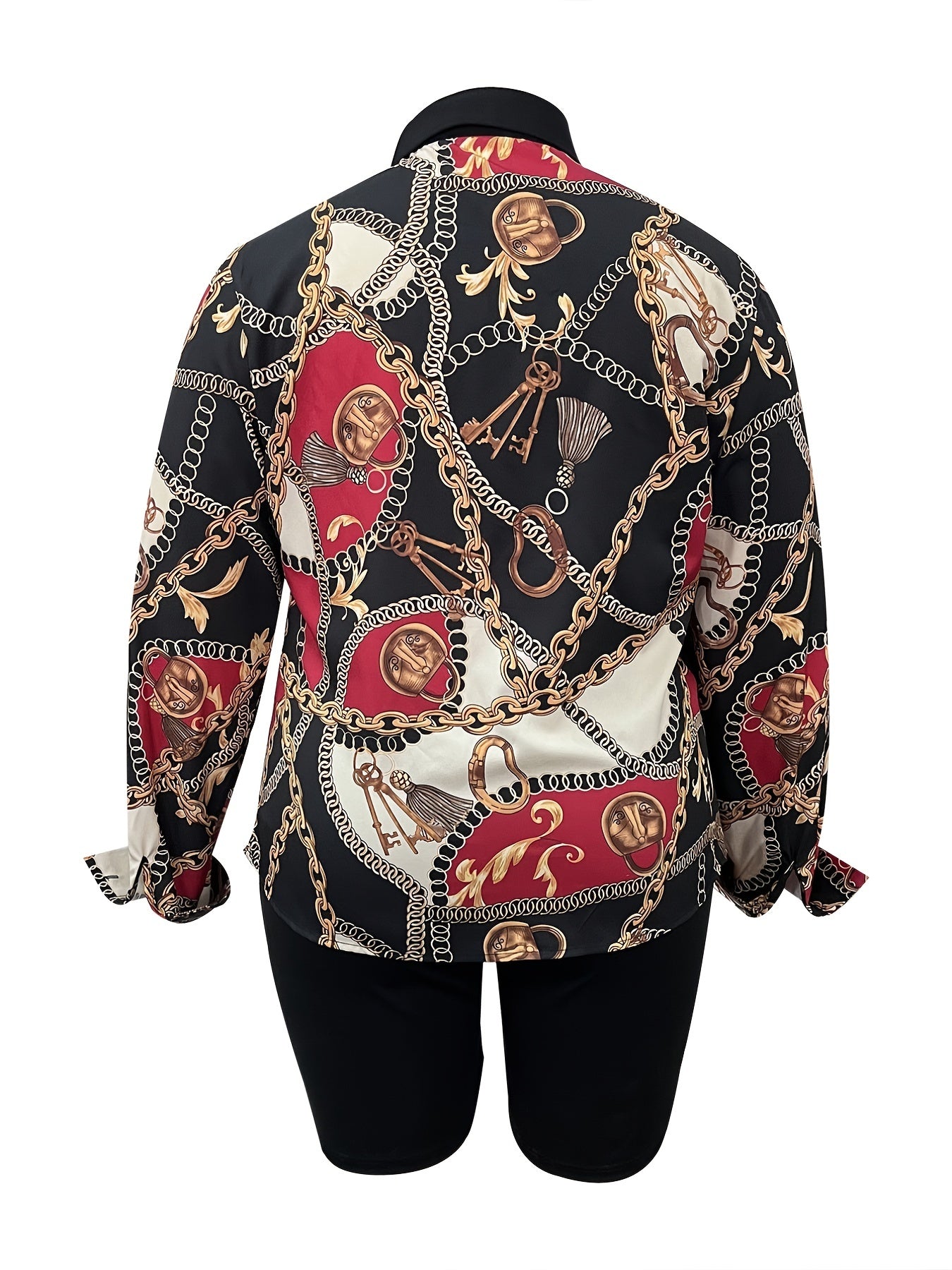  Colorblock Chain Print Long Sleeve Blouse & Shorts Outfit Set