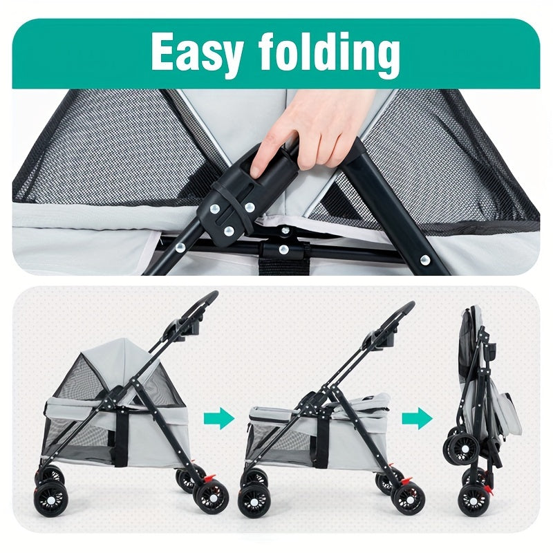 Folding Dog Stroller with Cup Holder & Mesh Window