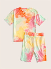 Girls' Tie Dye Short Sleeve T Shirt & Biker Shorts Set Sports Casual Yoga