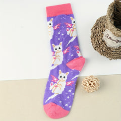 3 Pairs Cartoon Cat Print Socks Women's Stockings Mid Tube Comfy