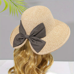 Bowknot Ponytail Sun Hat Straw Plaid Basin Hat
