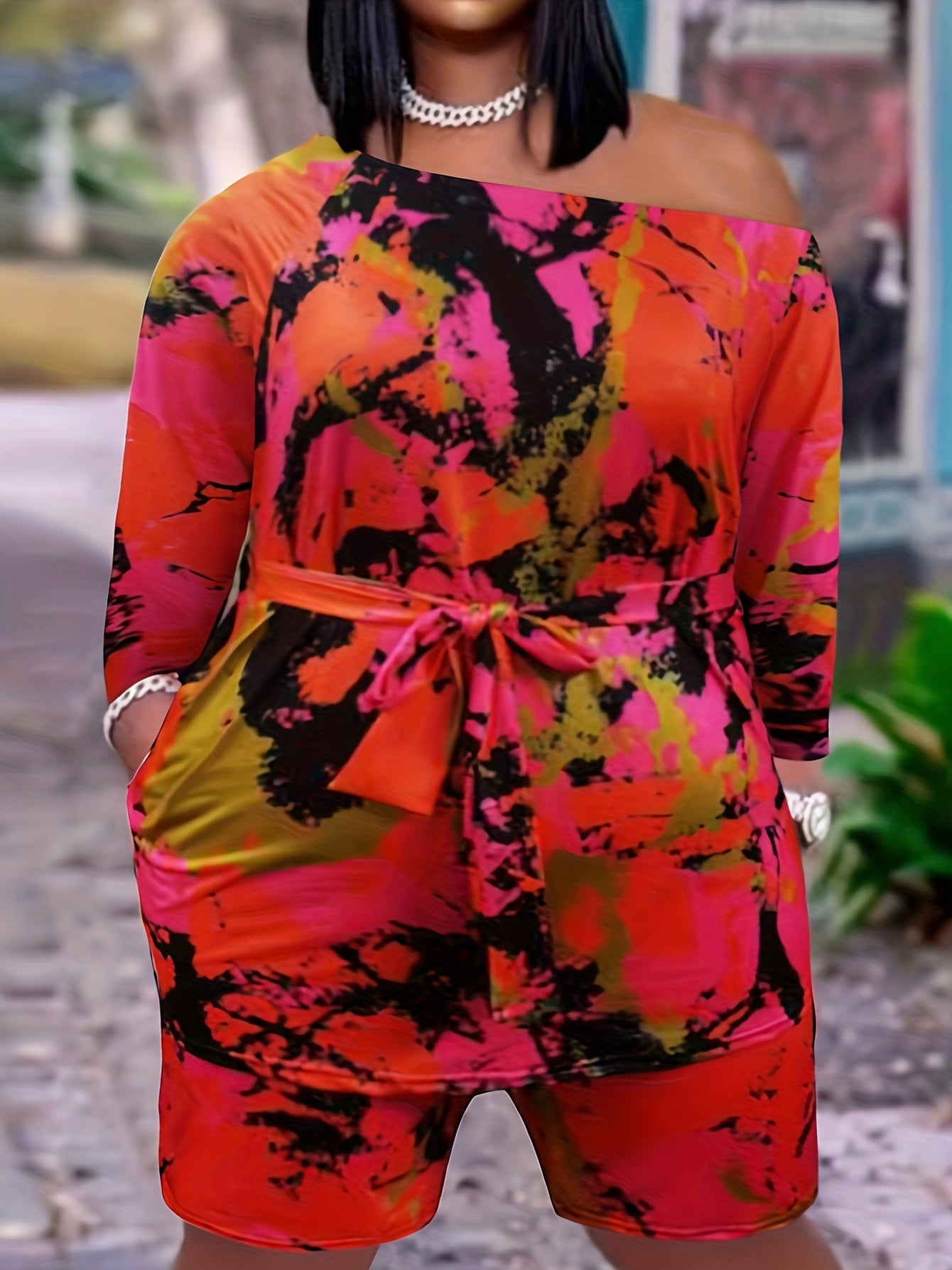 Women's Plus Graffiti Print One Shoulder Top & Shorts Set