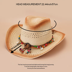 Khaki Wide Brim Cowboy Hat Boho Beads Belt Chain Decor