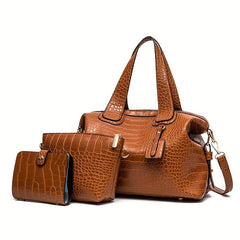 3Pcs Crocodile Embossed Bag Set Handbag With Crossbody Bag & Card Holder