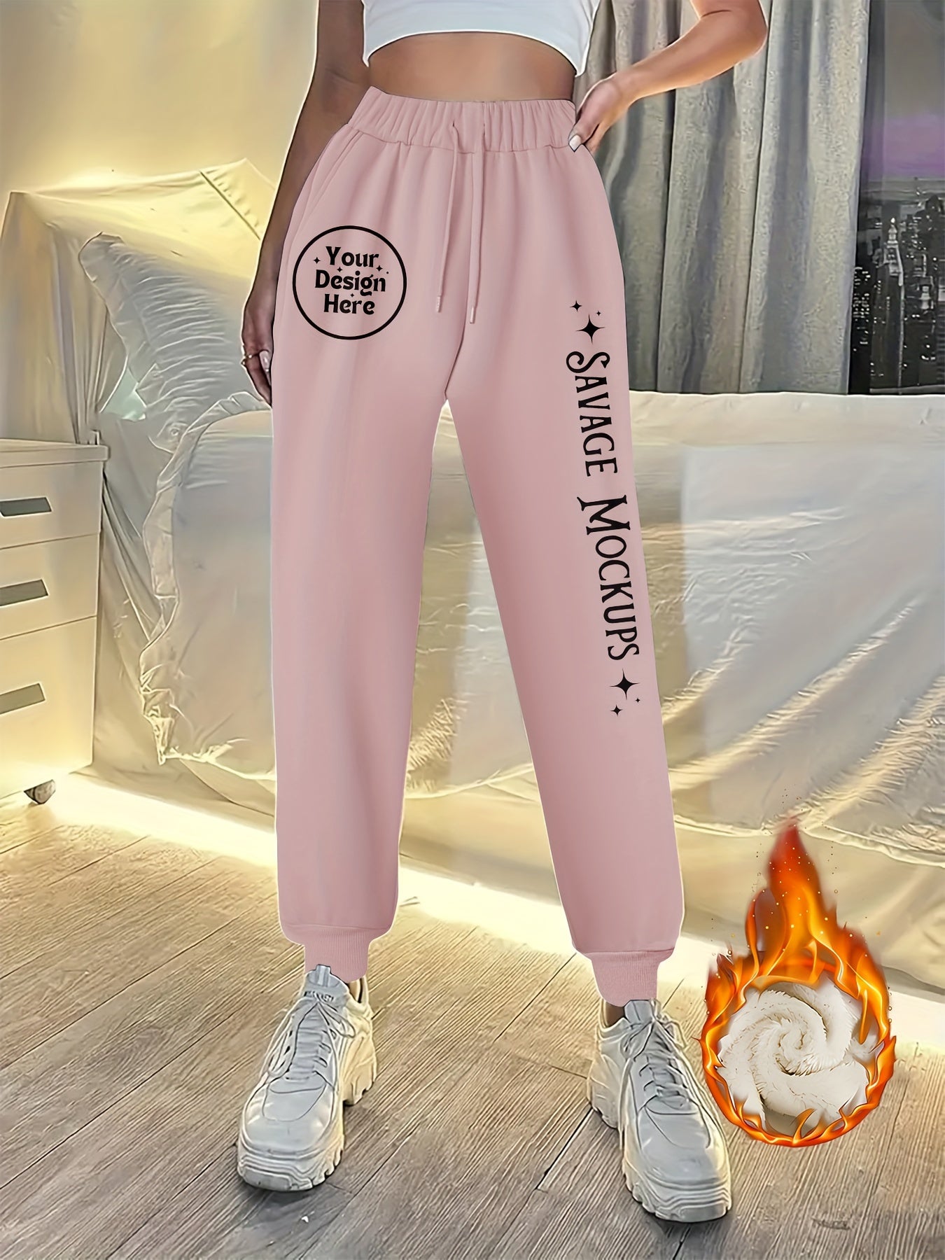 Women's Fleece Lined Joggers with Slogan Print