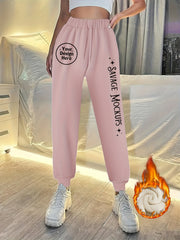 Women's Fleece Lined Joggers with Slogan Print