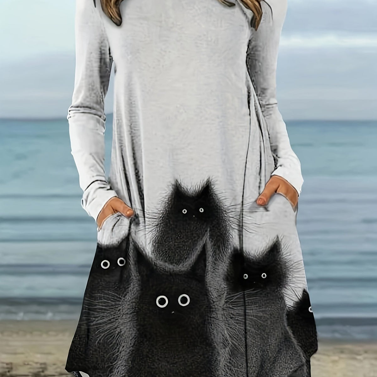  Cat Print Long Sleeve Dress With Pockets