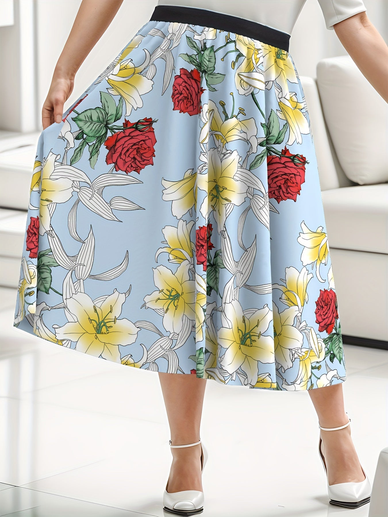  Skirt Women's Plus Rose & Lily Print Elastic High Waist Skirt