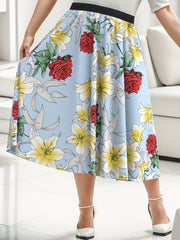 Skirt Women's Plus Rose & Lily Print Elastic High Waist Skirt