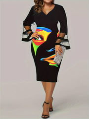  Abstract Figure Print Mesh Sleeve V Neck Dress
