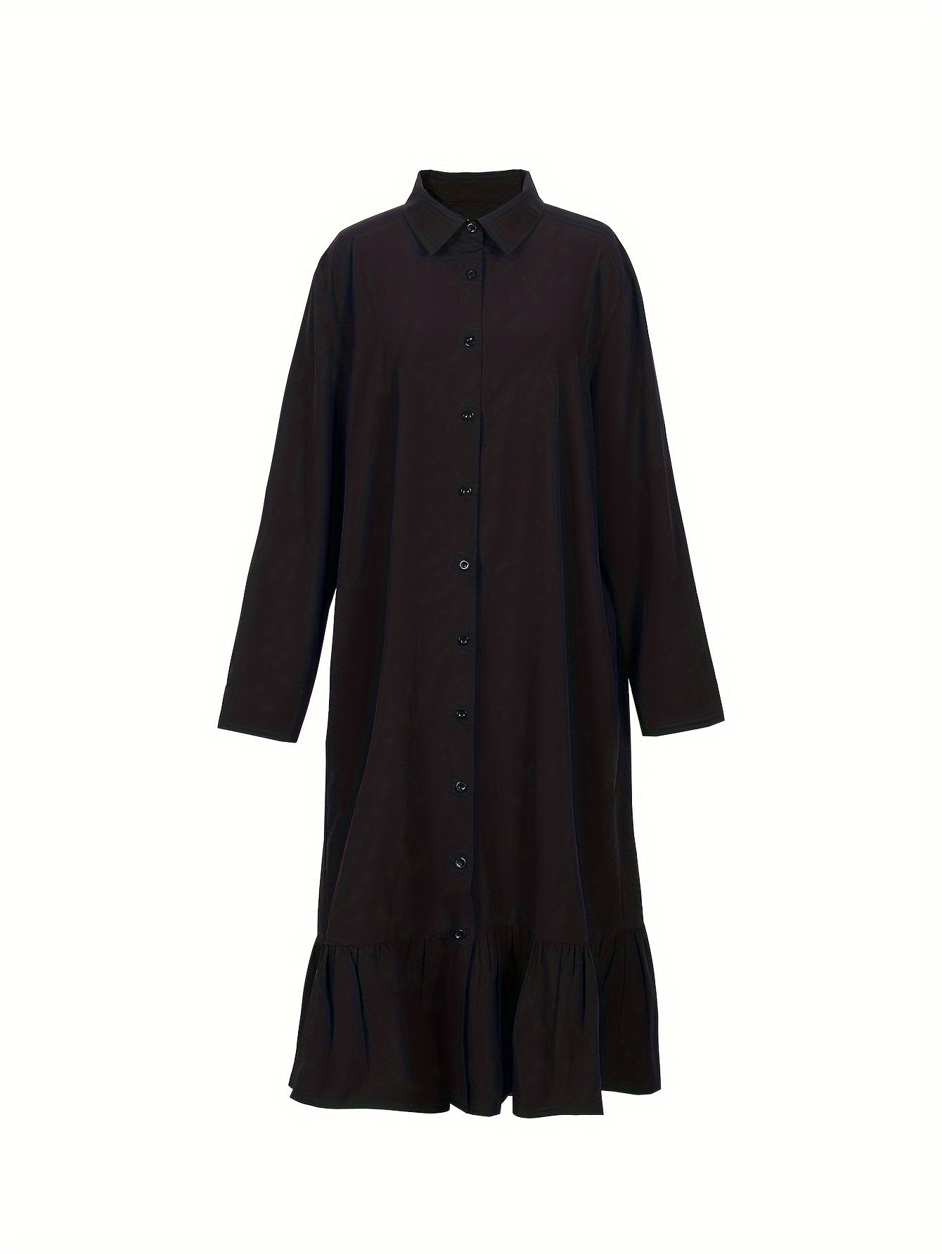  Solid Button Up Long Sleeve Shirt Dress