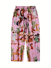  Cowgirl Print Wide Leg Pants Elastic Waist High Rise Stretch Trousers