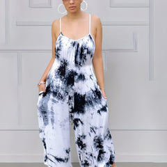  Tie Dye V Neck Wide Leg Jumpsuit