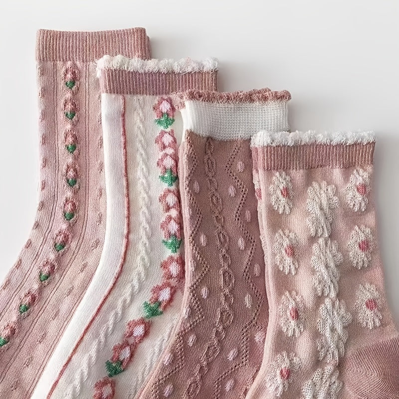 6 Pairs Sweet & Pink Serie Socks - Cozy Flower Geometric 3D Textured Stockings