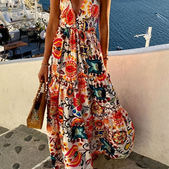  Boho Dress Allover Print Off Shoulder Backless Halter Neck