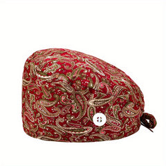 Cartoon Print Work Hat Adjustable Nurse Hat With Buttons Elastic Scrub Cap