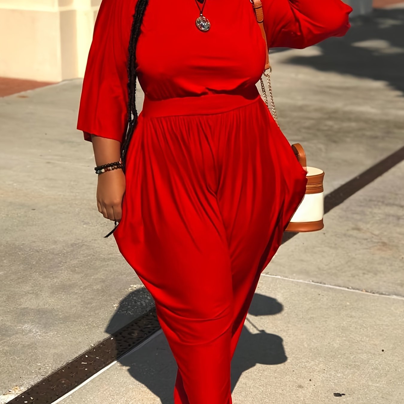  Solid Long Sleeve Top & Loose Fit Pants Set