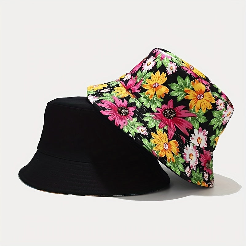 Boho Flower Print Bucket Hat Reversible Lightweight Basin Hat