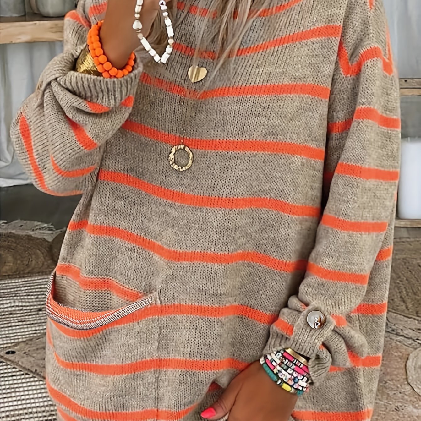  Striped Button Decor Sweater Round Neck Loose Jumper