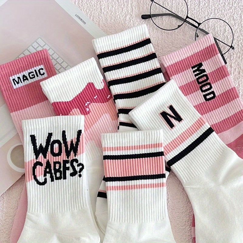 7 Pairs Letter & Striped Print Socks Women's Stockings