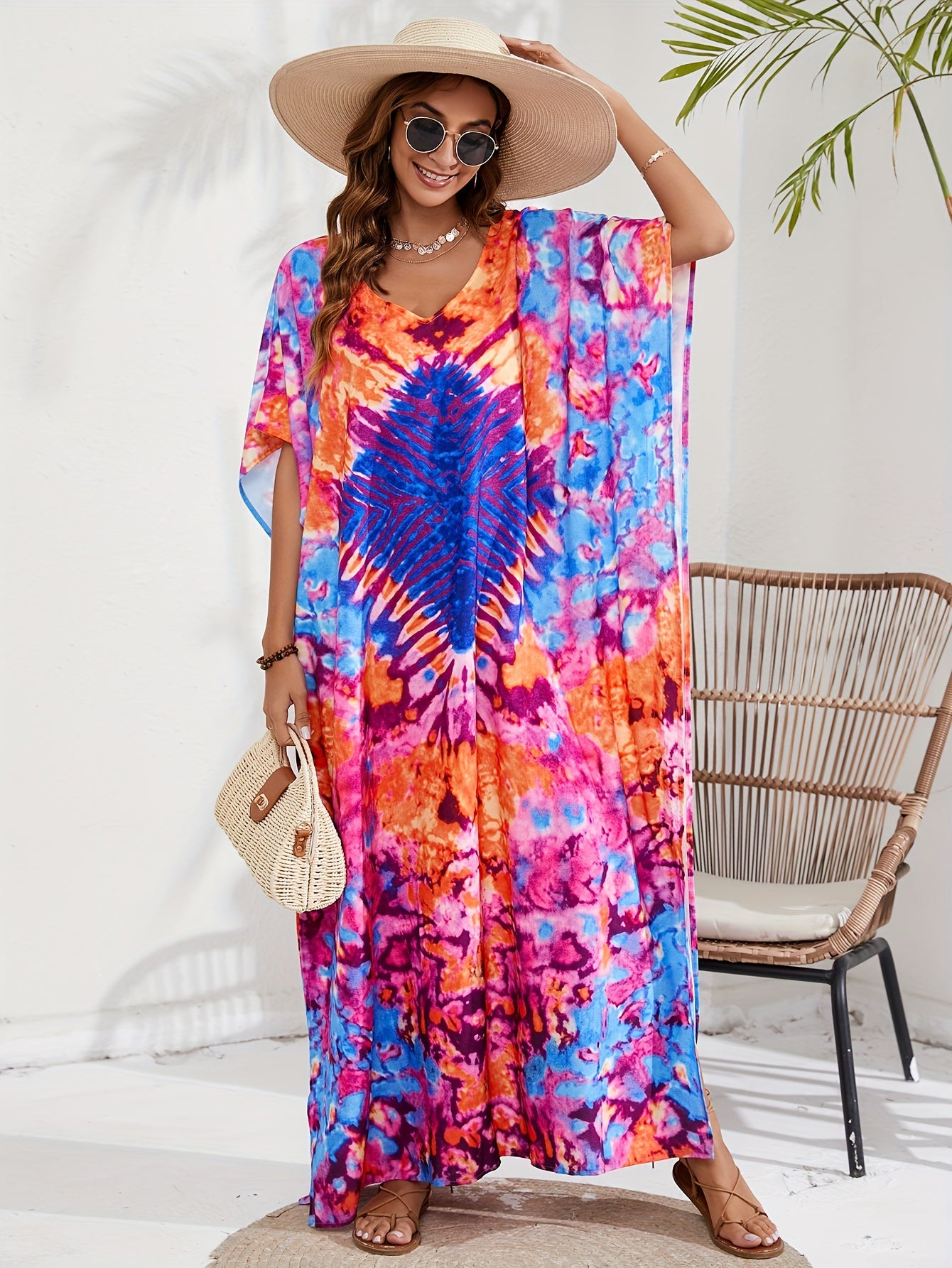  Boho Tie Dye Geo Pattern Cover Up Maxi Dress