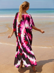  Boho Cover Up Dress Women's Tie Dye Bat Sleeve V Neck Stretch