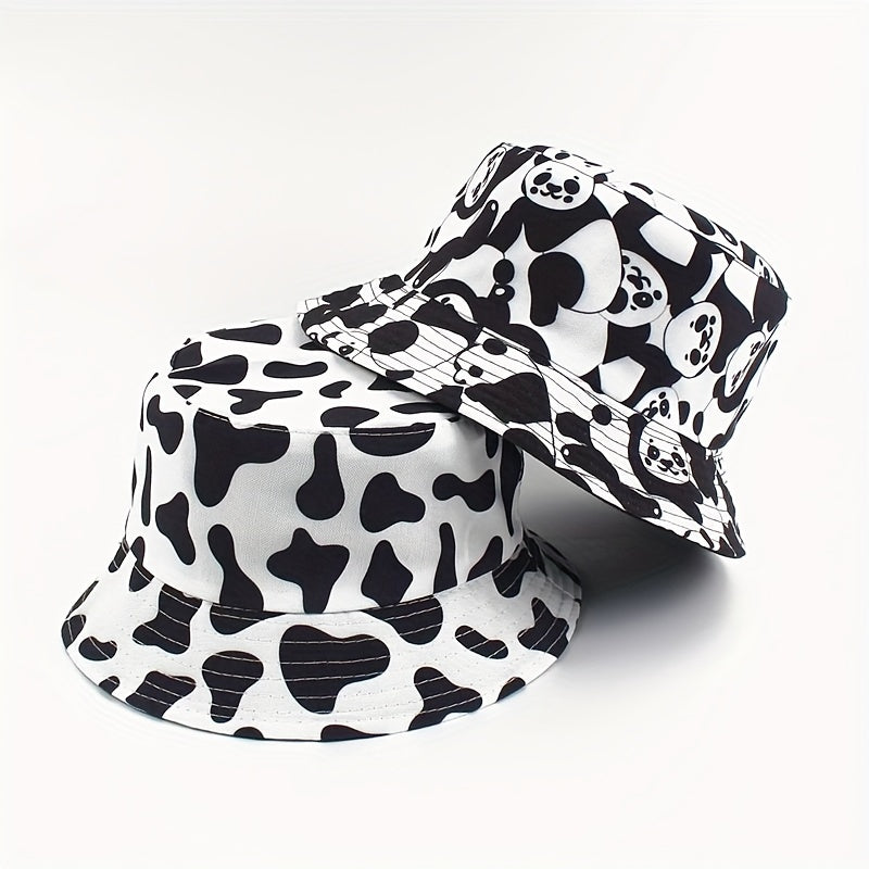 Cow Panda Print Bucket Hat Reversible Fisherman Cap for Women