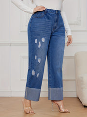  Ripped Button Fly High Rise Straight Leg Jeans