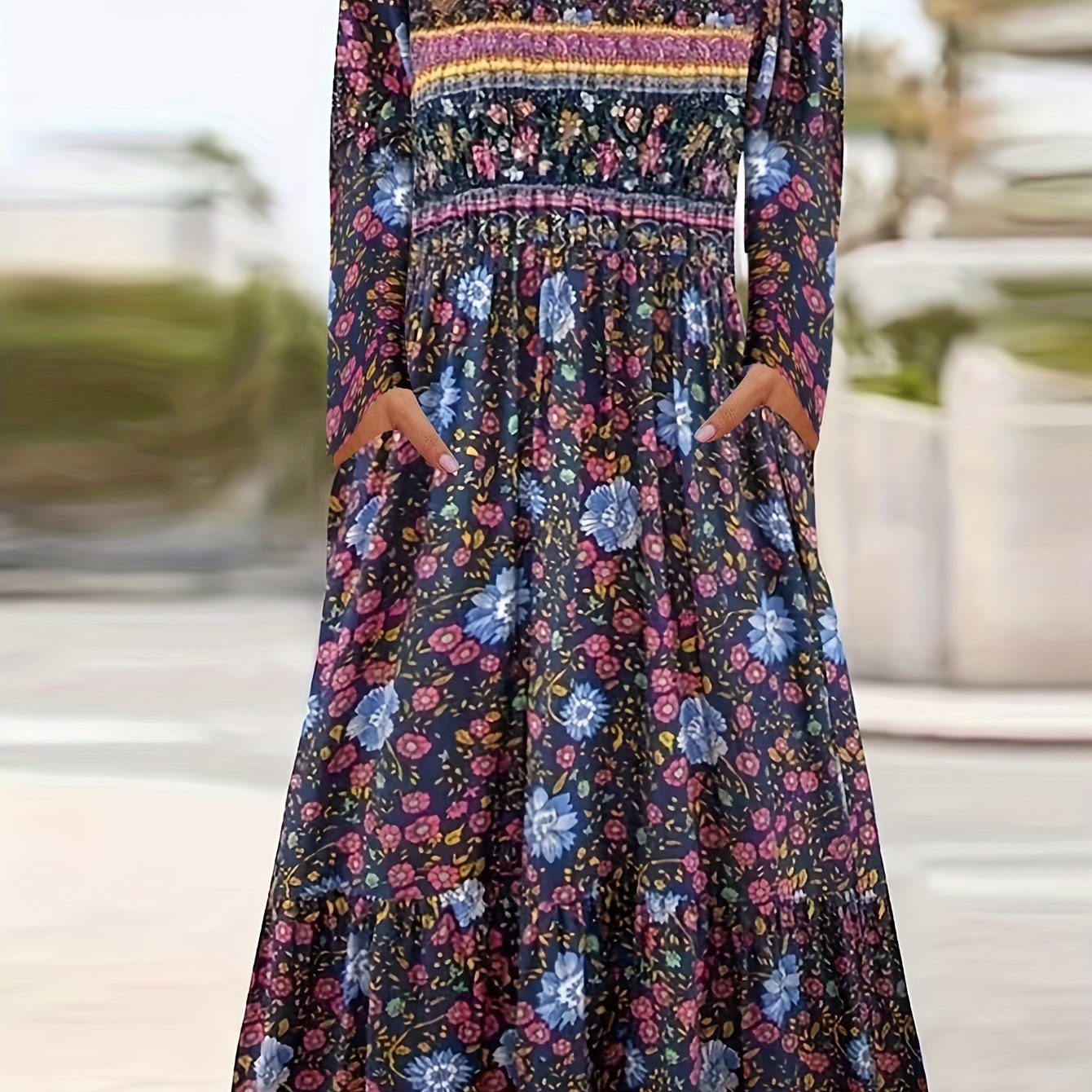  Boho Dress Colorblock Floral Print Long Sleeve Round Neck Dress