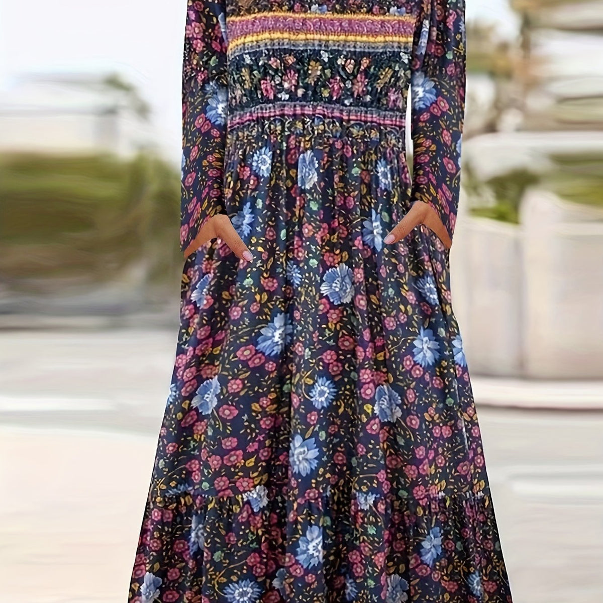  Boho Dress Colorblock Floral Print Long Sleeve Round Neck Dress