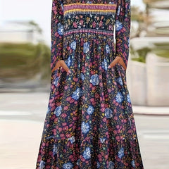  Boho Dress Colorblock Floral Print Long Sleeve Round Neck Dress