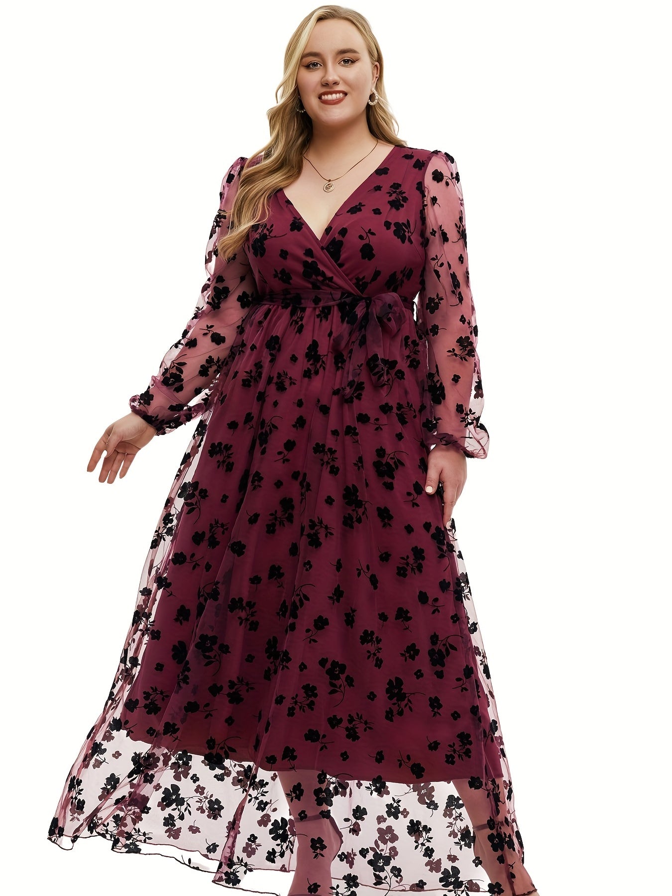  Women's Floral Print Surplice Neck Mesh Dress