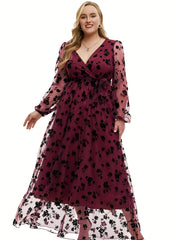  Women's Floral Print Surplice Neck Mesh Dress