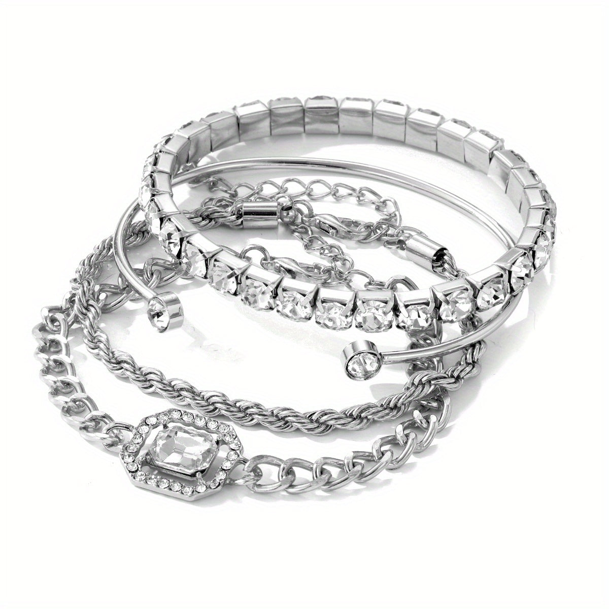 4pcs Chain Square Rhinestone Bracelet Set for Women Girls