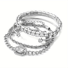 4pcs Chain Square Rhinestone Bracelet Set for Women Girls