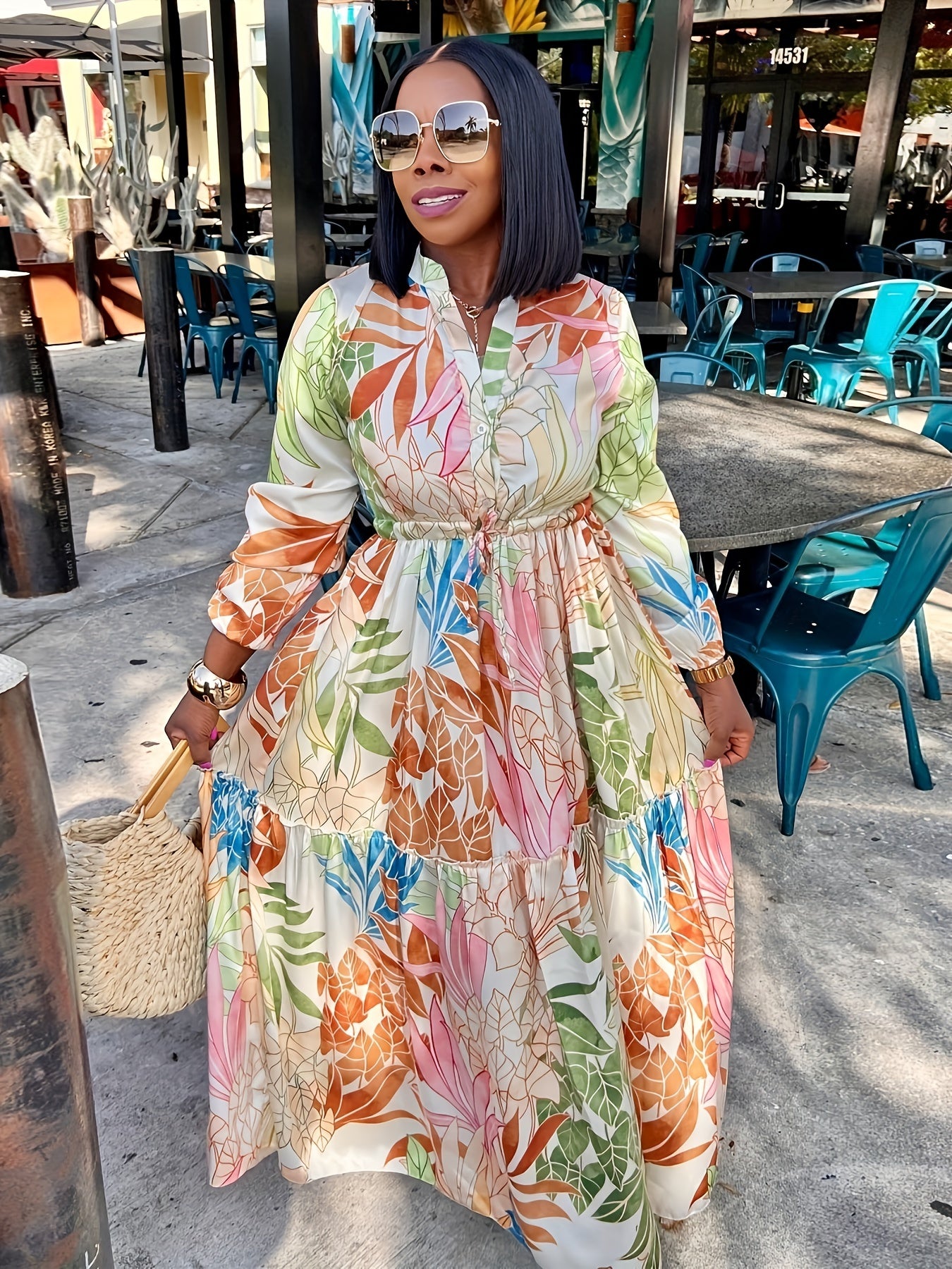  Floral Print Lantern Sleeve Maxi Dress
