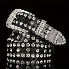 Lucky Clover Hollow Leather Belt Rhinestone Decor Hip Hop Casual Belt