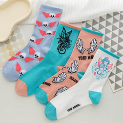 4 Pairs Angel Wings Print Socks & Funny Pattern Mid Tube Socks Women's Stockings