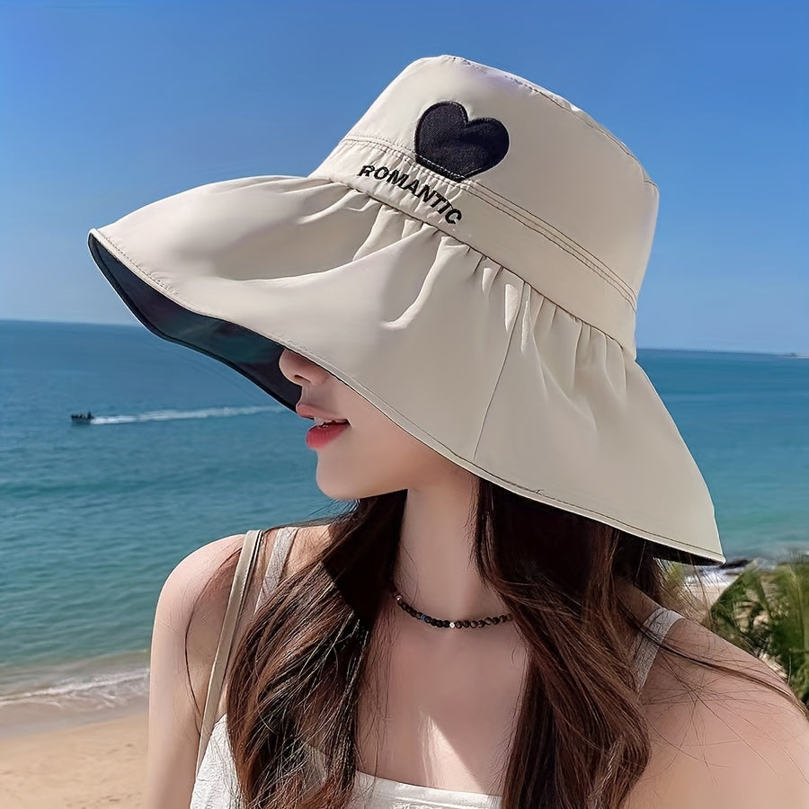 Romantic Heart Embroidery Sun Hat UV Protection Wide Brim Bucket Hat
