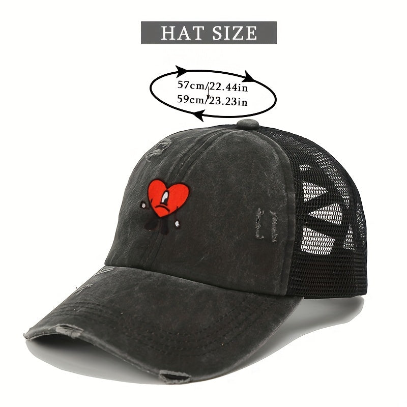 Heart Ripped Ponytail Baseball Cap Candy Washed Distressed Mesh Trucker Hat
