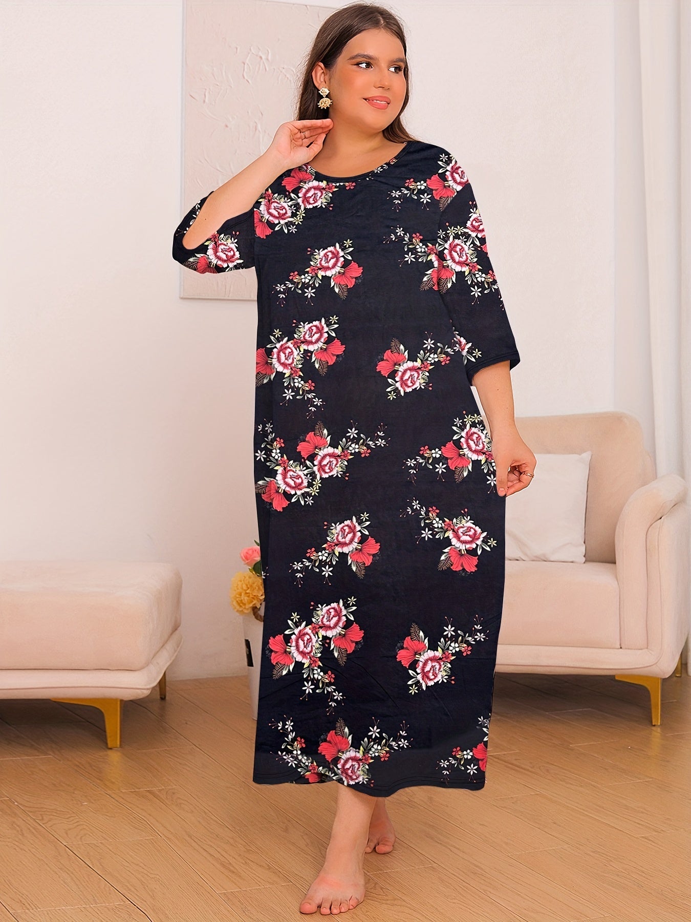  Floral Print Lounge Dress Three Quarter Sleeve Round Neck Nightdress