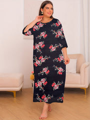  Floral Print Lounge Dress Three Quarter Sleeve Round Neck Nightdress