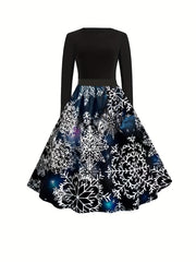  Colorblock Graphic Print Round Neck Belted Dress