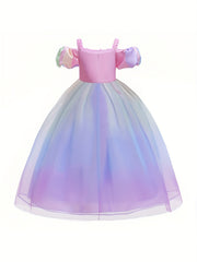 Girls Princess Dress Camisole Puff Sleeve Gradient Tulle Floral Decor