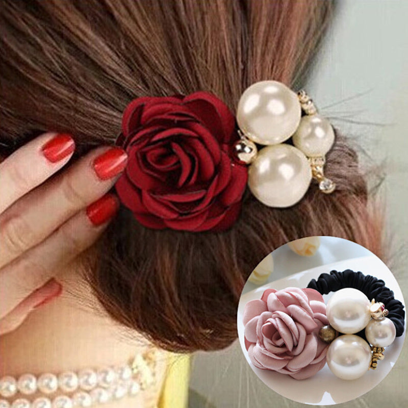 Colorful Rose Faux Pearls Hair Band Floral Beads Hair Ties