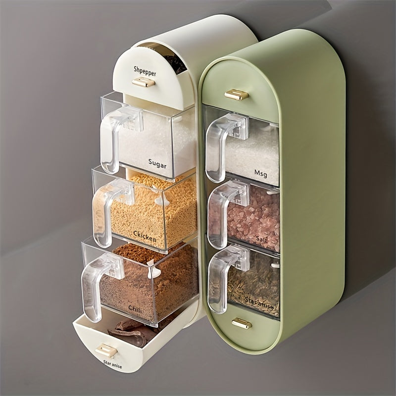 Wall-Mounted Spice Box with Lid, Moisture-Proof, 5-Grid Seasoning Storage