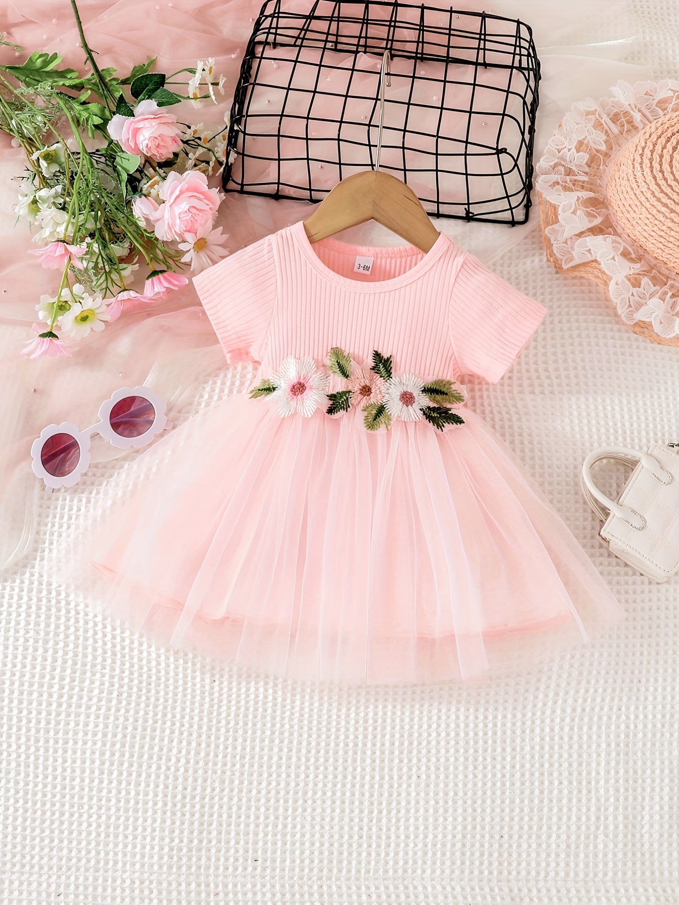 Floral Embroidery Short Sleeve Mesh Dress for Baby Girl